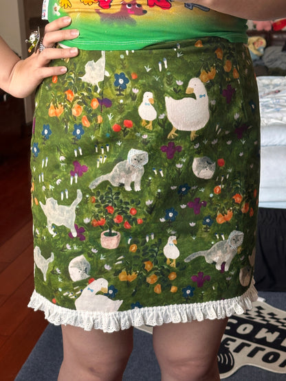 Romantic Rimande Café - Cat Print Green A-Line Skirt