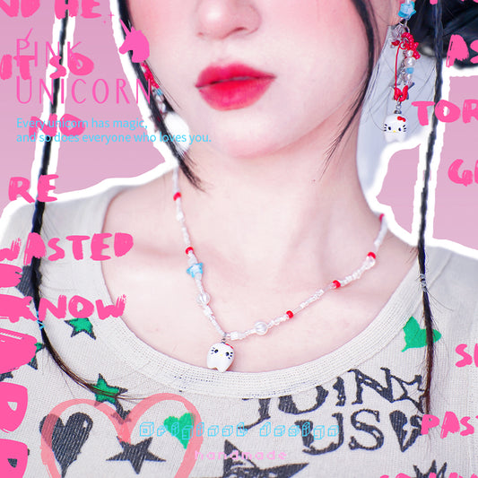 Pink Unicorn - Kawaii Beaded Kitty Pendant Necklace necklace pink unicorn