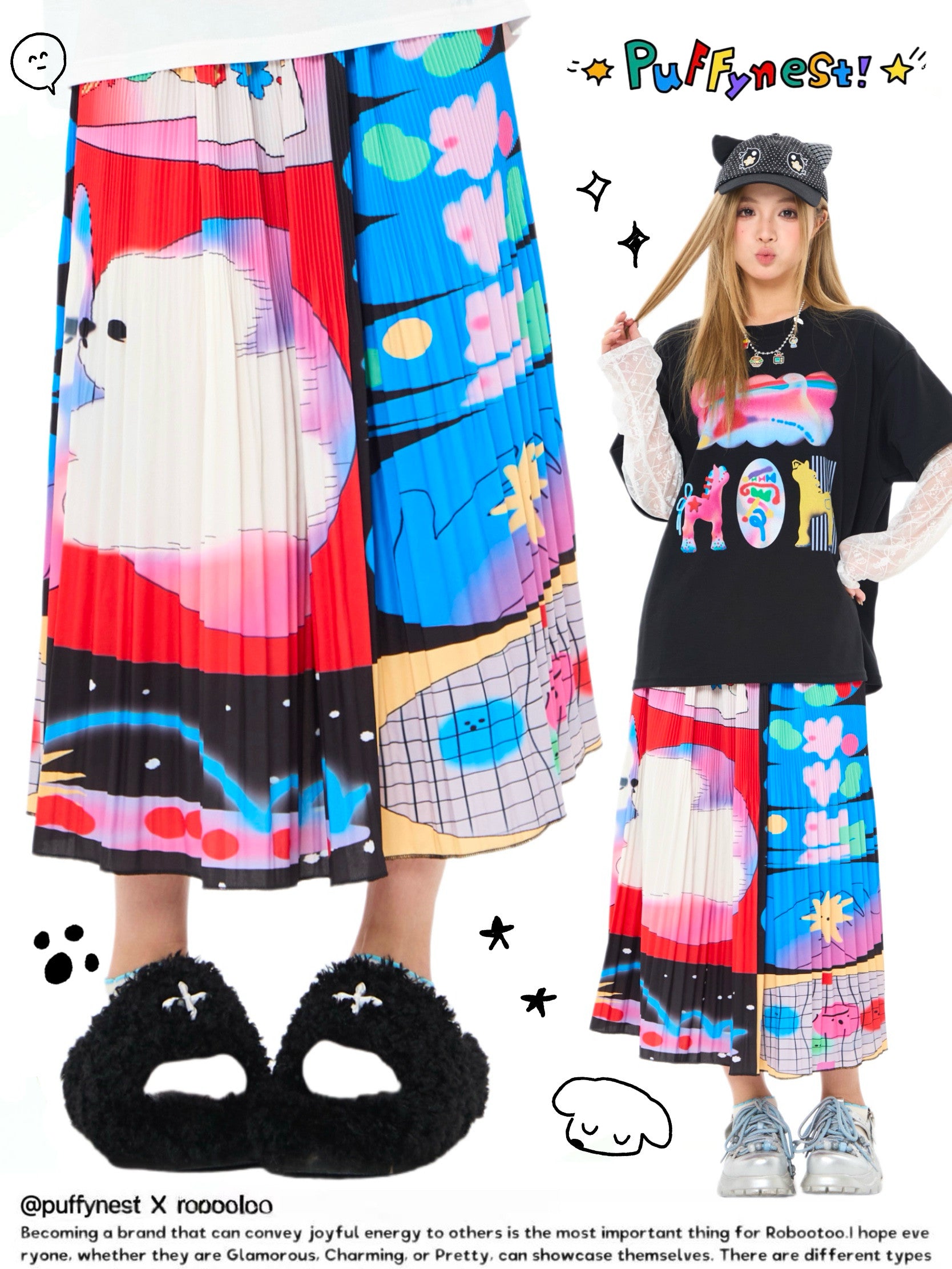 Robootoo - Bunny Print Pleated A-Line Midi Skirt skirt Robootoo