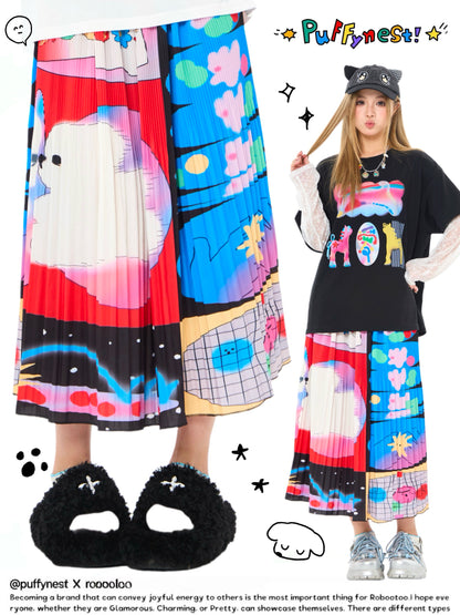 Robootoo - Bunny Print Pleated A-Line Midi Skirt skirt Robootoo