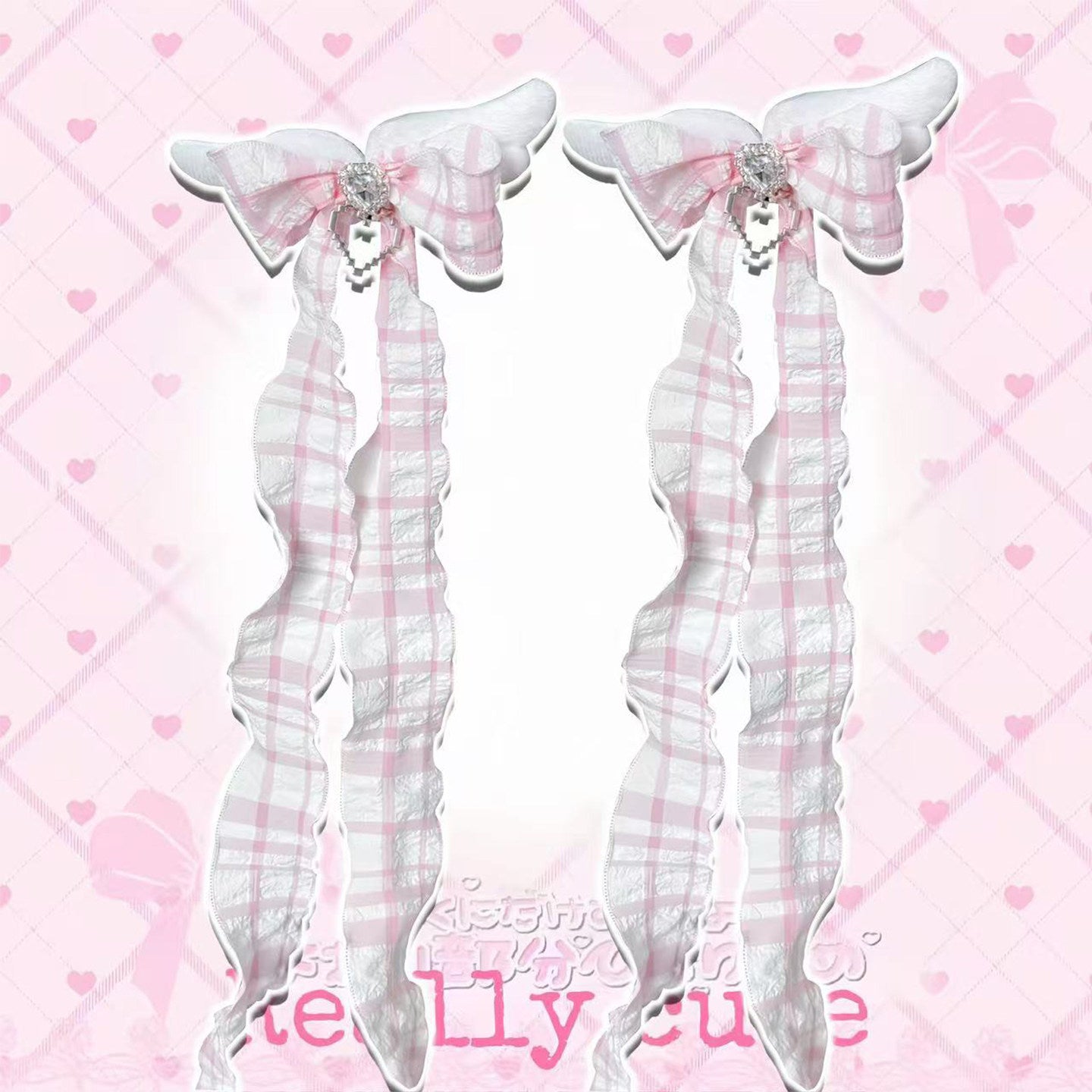 Pink Plaid Angel Wing Bow Twin Hair Clips hair clip really cute
