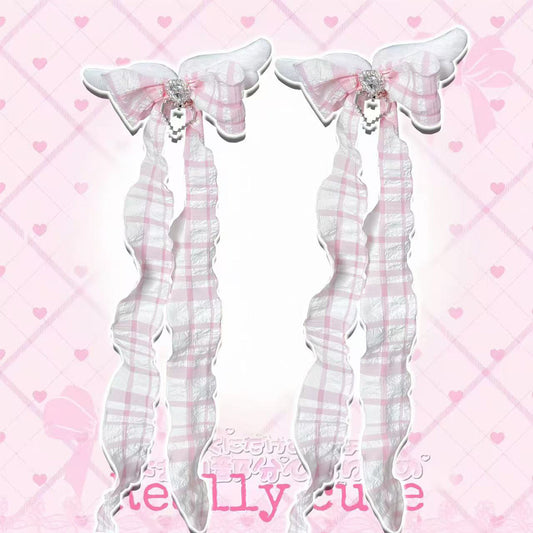 Pink Plaid Angel Wing Bow Twin Hair Clips hair clip really cute