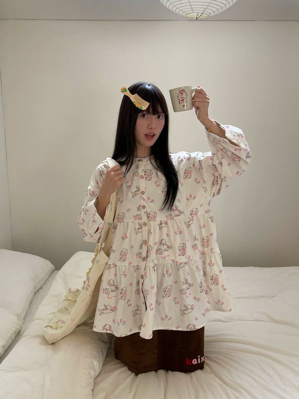 开心招待所秋冬新款原创小狗印花灯芯绒宽松长袖衬衫上衣 shirt KaiXin hostel