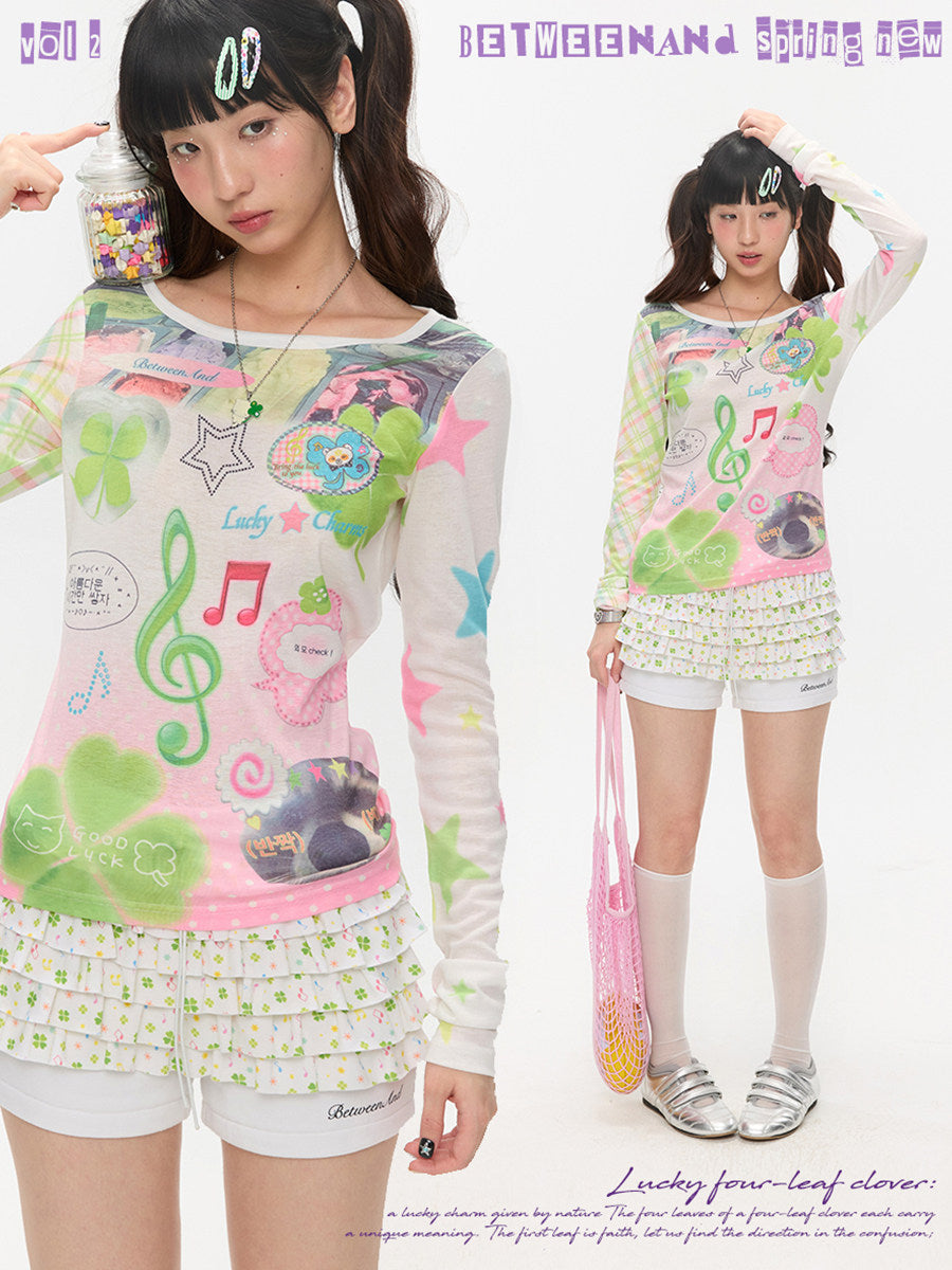 BETWEENAND - Lucky Note Print Long Sleeve Top shirt BETWEENAND