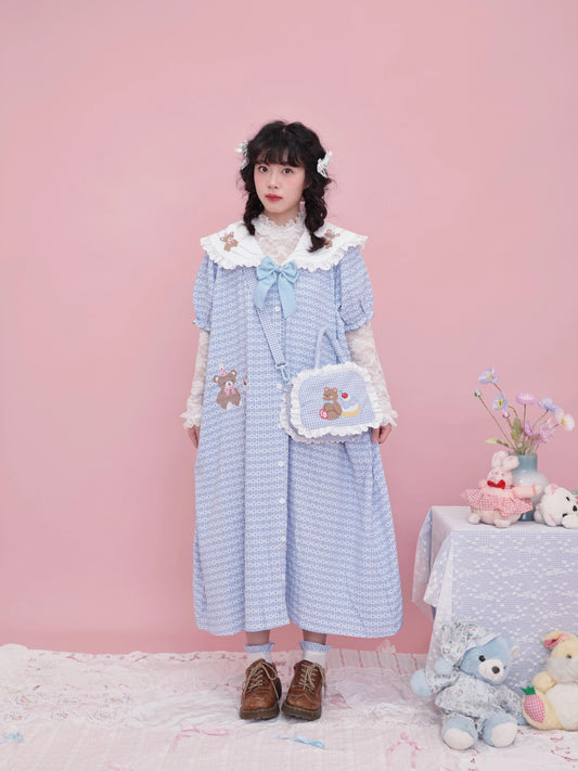 SemenCoicis Vintage Sailor Collar Dress | Kawaii Bear Motif & Heart Check Dress dress SemenCoicis
