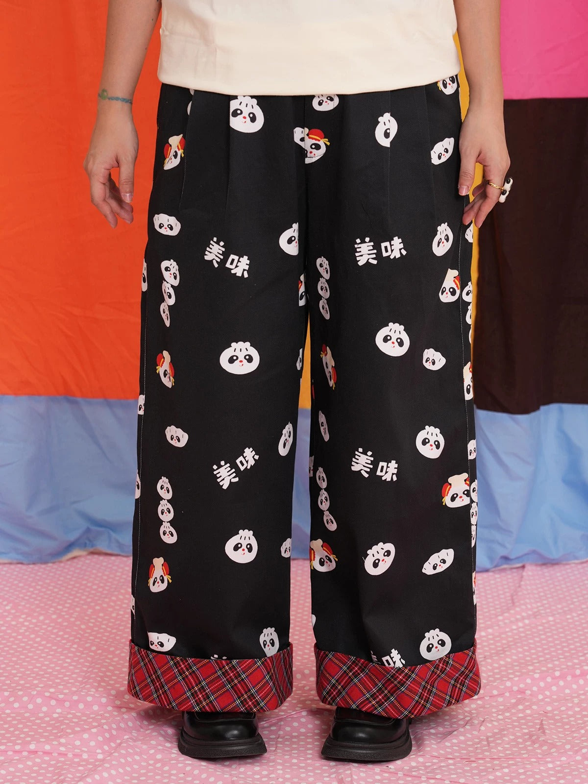 NIKKOU - Panda Bun Print Wide-Leg Pants pants Nikkou home Black S