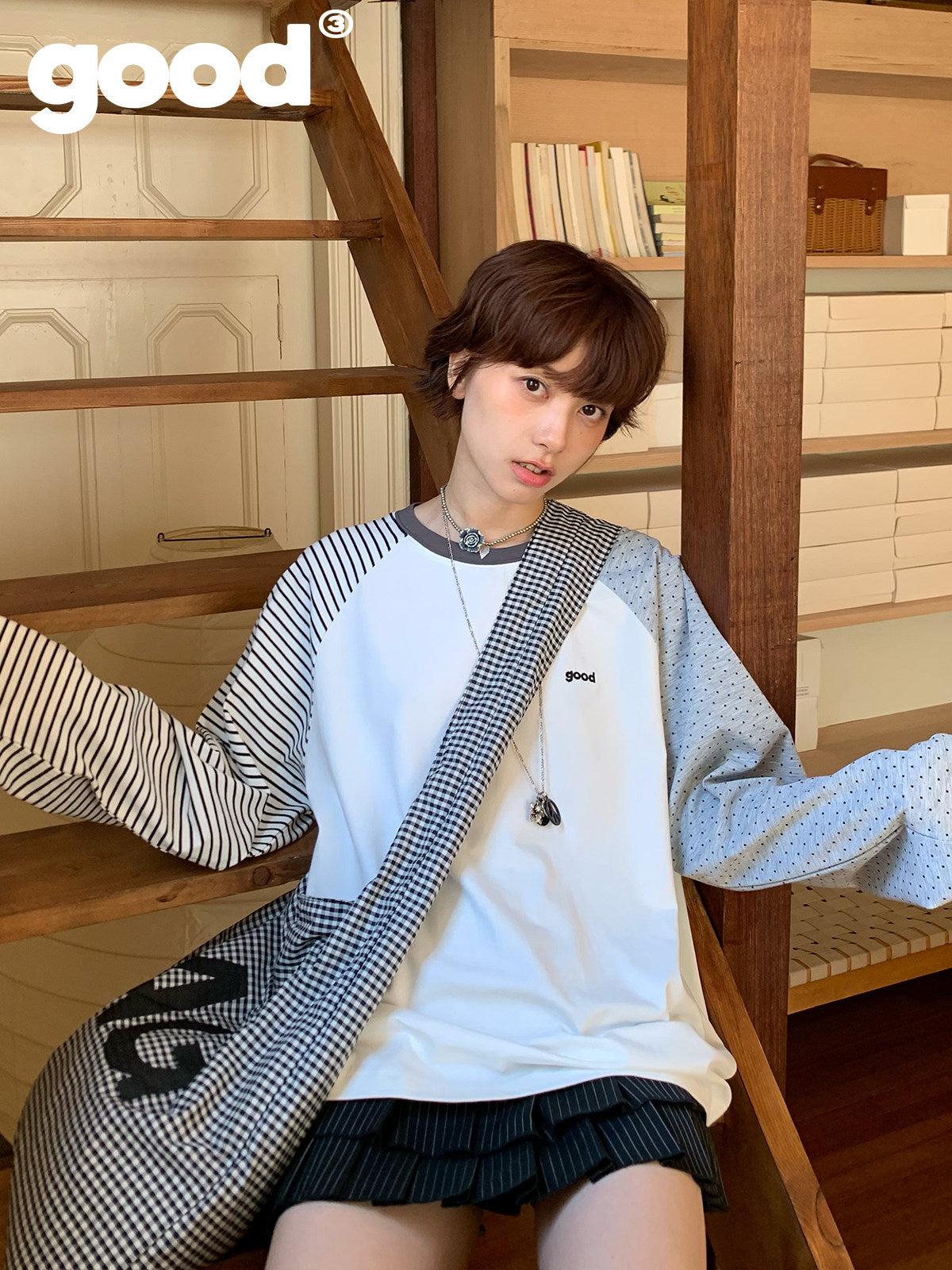 Meihao Store - Striped Polka Dot Patchwork Long Sleeve T-Shirt