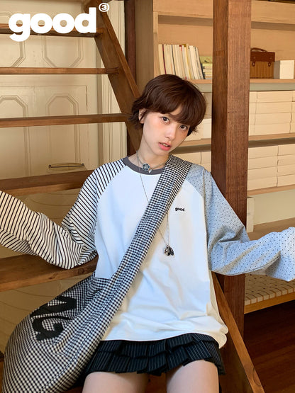 Meihao Store - Striped Polka Dot Patchwork Long Sleeve T-Shirt