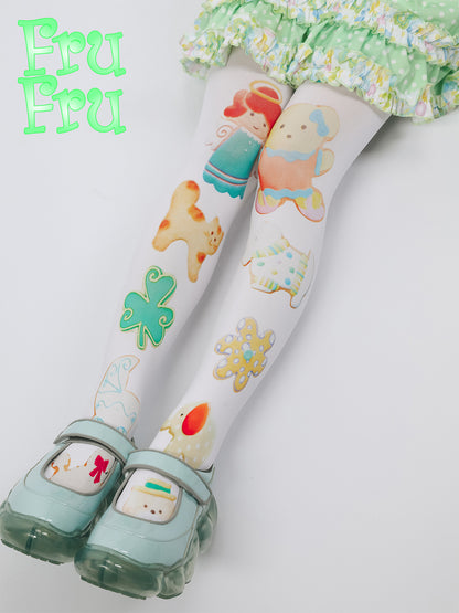 frufru Harajuku White Tights | Cookie Print Cute Stretchy Tights | 100% Cotton tights frufru