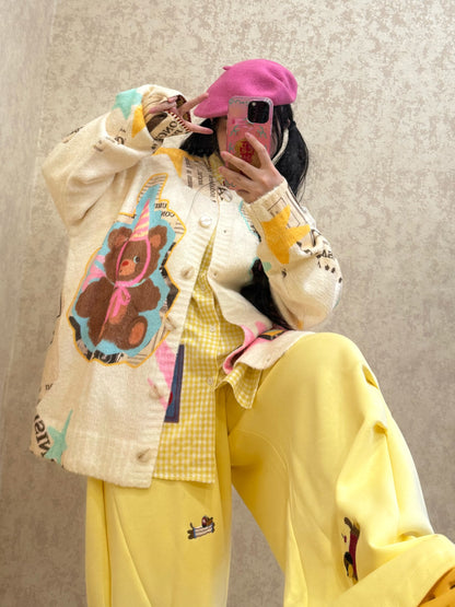 BIBULU - Kidcore Yellow Bear Print Vintage Sweater cardigan BIBULU