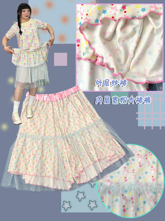 Shishihshop - Mesh Overlay Skirt Pants shorts shishihshop