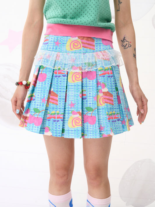 FRUITS Strawberry Cake Blue Pleated Skirt | Cute Lace Trim with Built-in Shorts skirt Fruits