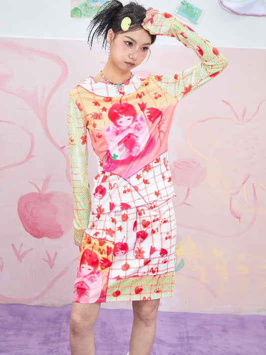 Moon Meadow – Y2K Mesh Cartoon Print Slim Top & Skirt Set set Moon Meadow