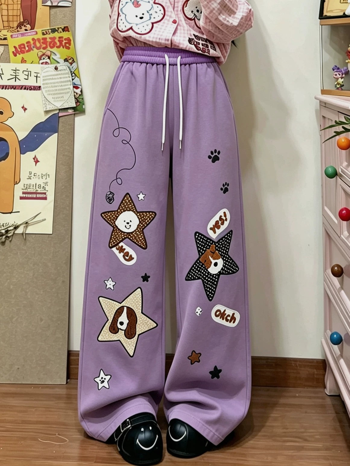 BIBULU - Purple Puppy Print Wide-Leg Pants pants BIBULU