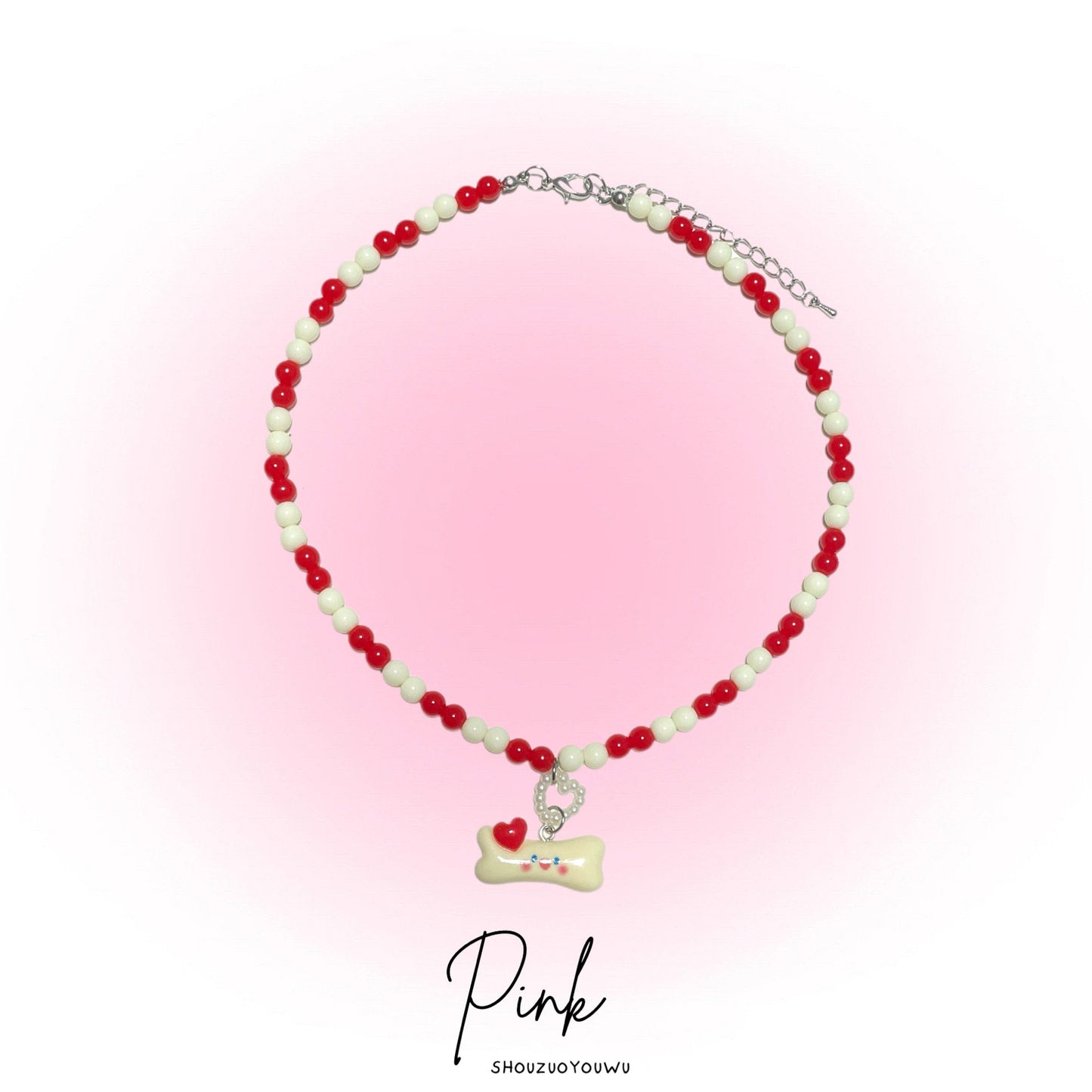 Puppy Bone Beaded Heart Necklace necklace pink