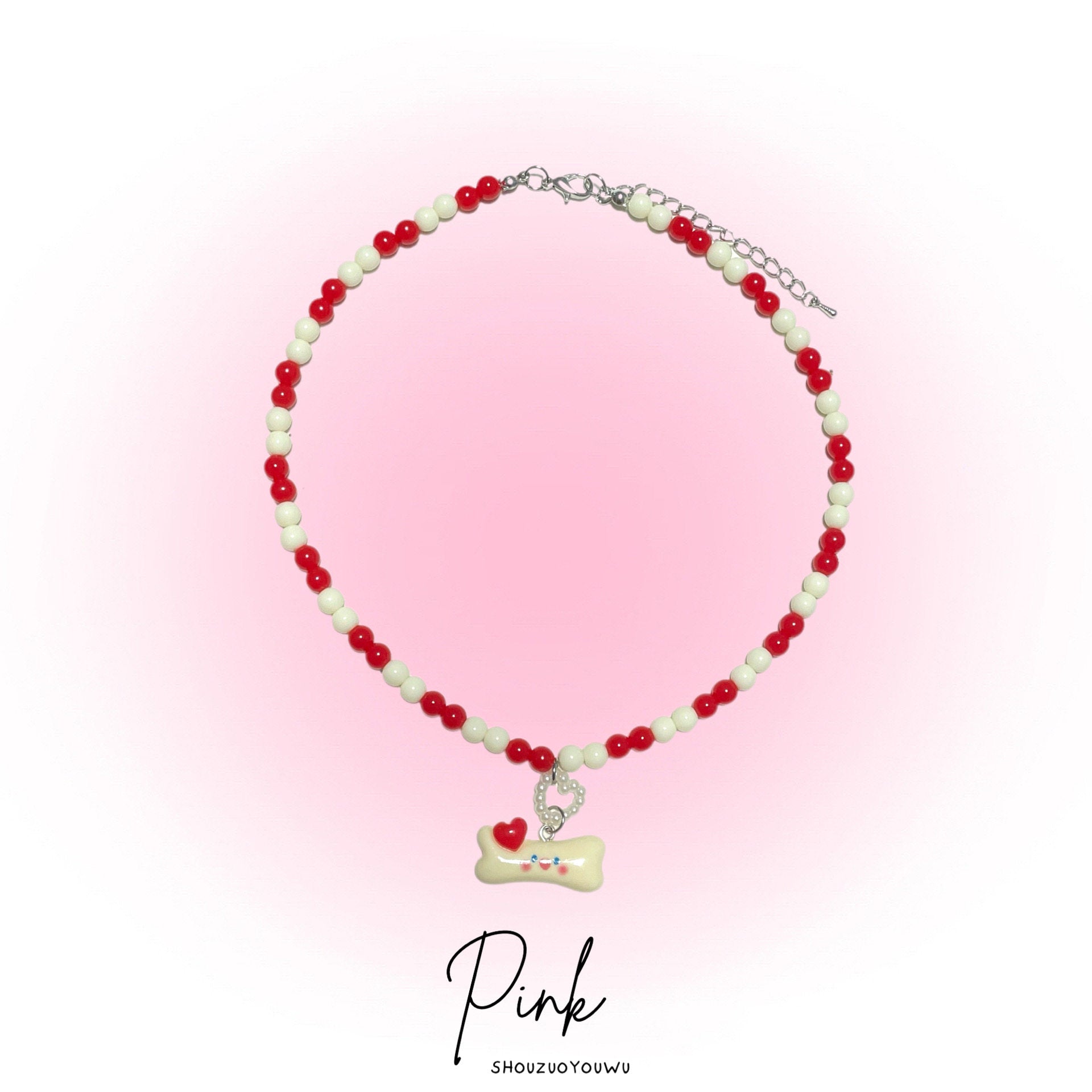 Puppy Bone Beaded Heart Necklace necklace pink