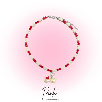 Puppy Bone Beaded Heart Necklace necklace pink