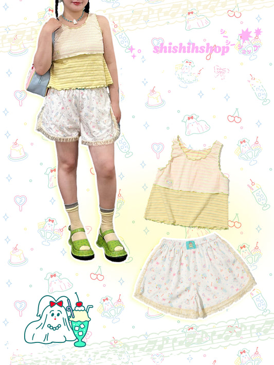 shishihshop Soft Yellow Shorts | A-Line Mesh Stripe Floral Shorts shorts shishihshop