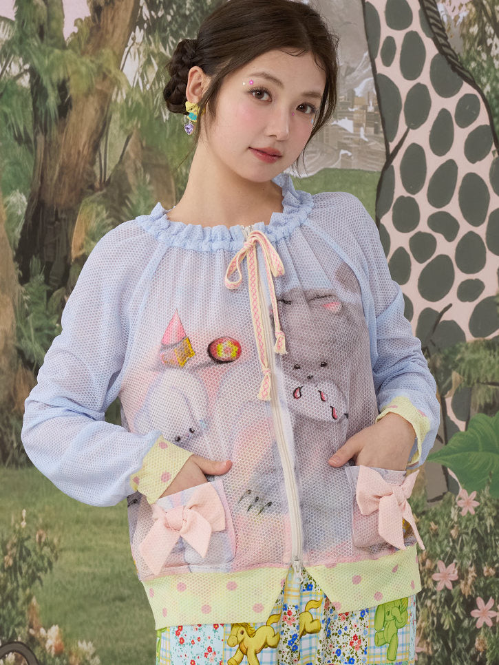 tntntutu - Mesh Print Zip Cardigan Jacket Land Decora