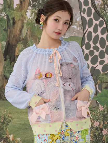 tntntutu - Mesh Print Zip Cardigan Jacket Land Decora