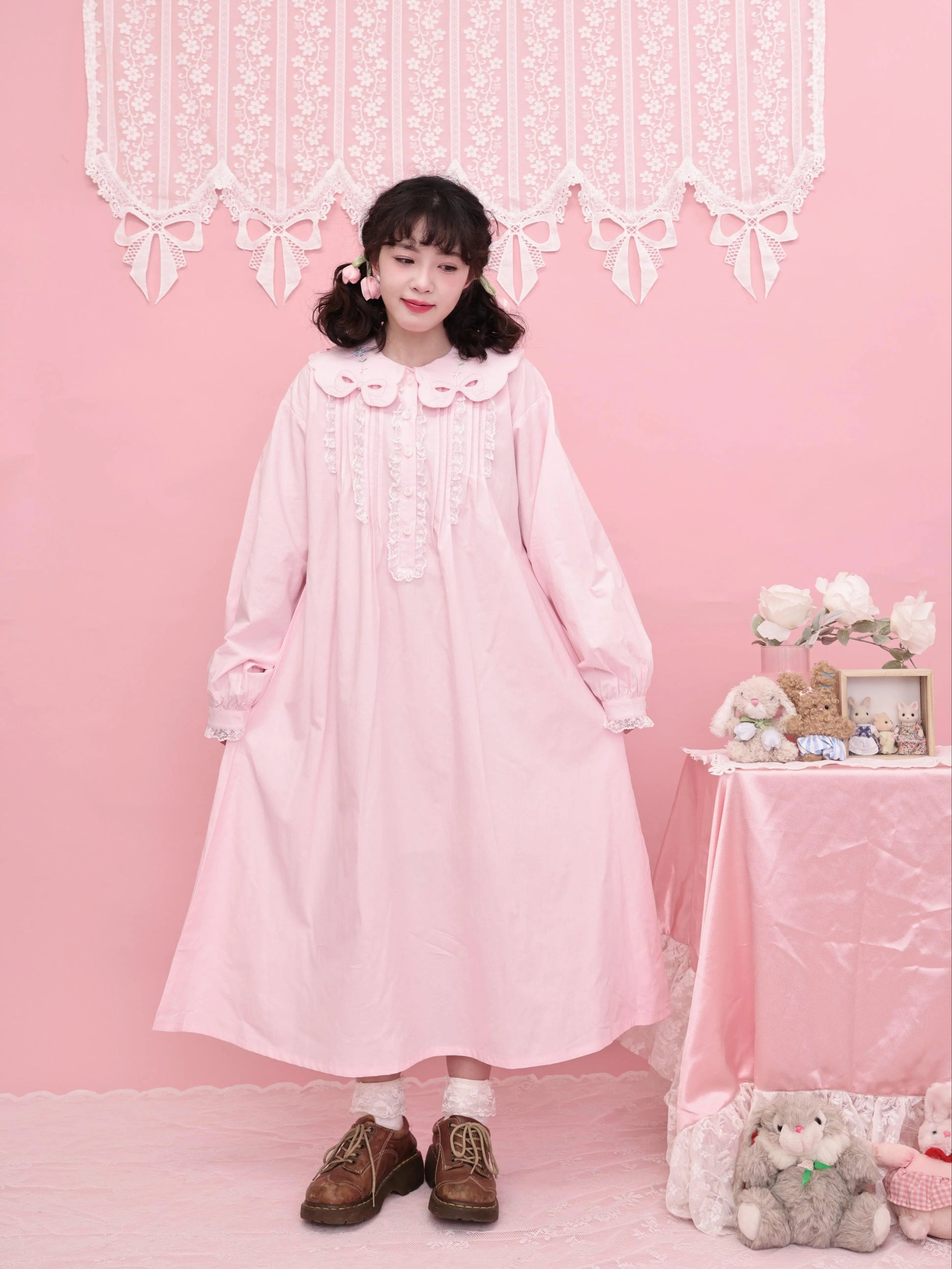 SemenCoicis - Kawaii Embroidered Dress - Pink Cotton Lace Trim dress SemenCoicis