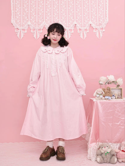SemenCoicis - Kawaii Embroidered Dress - Pink Cotton Lace Trim dress SemenCoicis