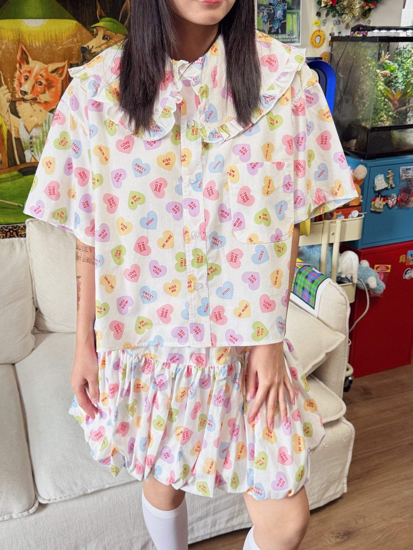 bunnybunnygun - Heart Print Collar Shirt shirt bunnybunnygun