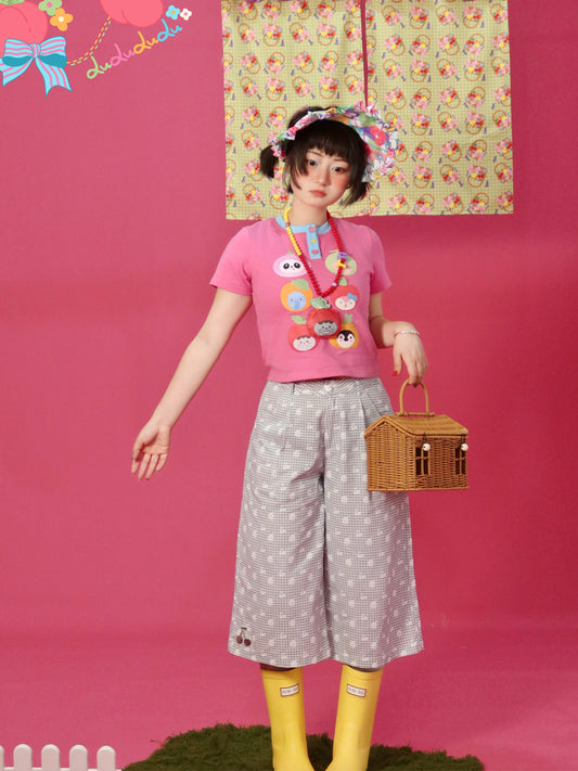 Kawaii Cropped Pants – Plaid Cherry Cutout pants LULULULU