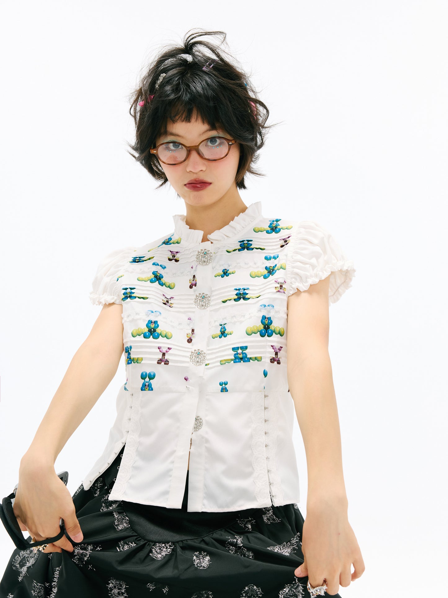 sillysis - Colorful Lace Puff Sleeve Blouse shirt sillysis