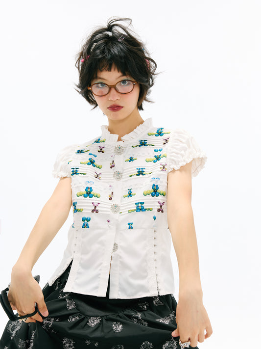 sillysis - Colorful Lace Puff Sleeve Blouse shirt sillysis