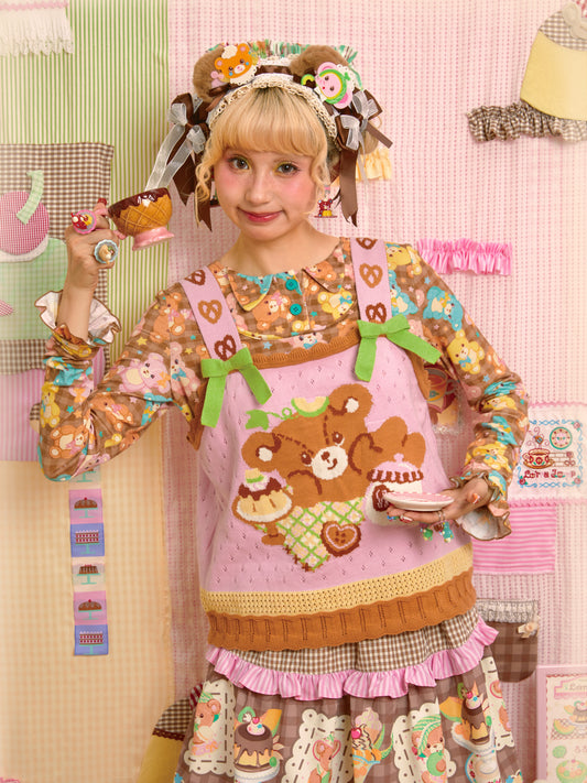 Lutra Jump - Decora Kei Pink Bear Tea Knit Tank Top tank top Lutra Jump