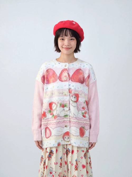 MeowMeow Bug - Strawberry Cake Cat Print Knit Cardigan cardigan MeowMeow Bug
