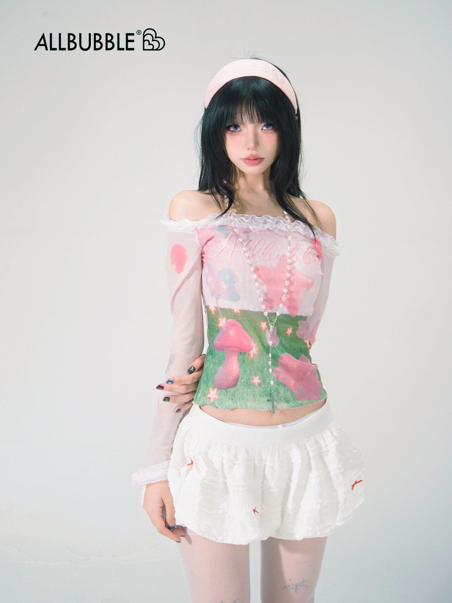 Allbubble - Pink Dreamcore Mesh Top shirt Allbubble