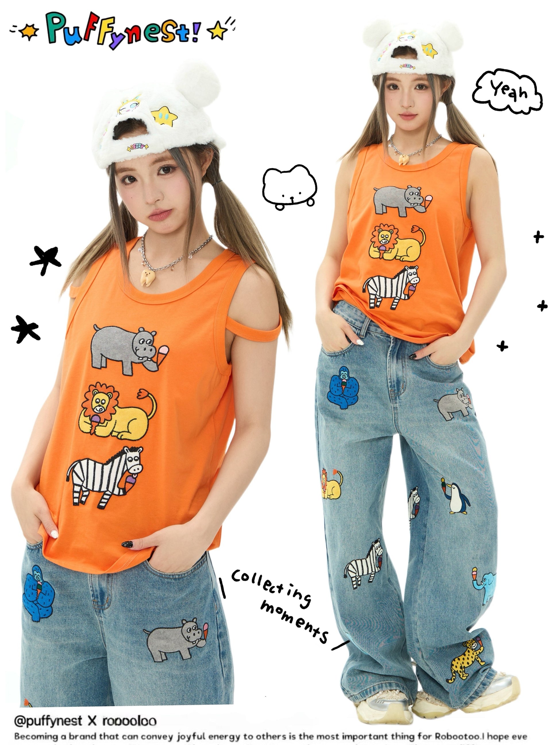 Robootoo - Orange Cartoon Embroidered Sleeveless Top tee Robootoo