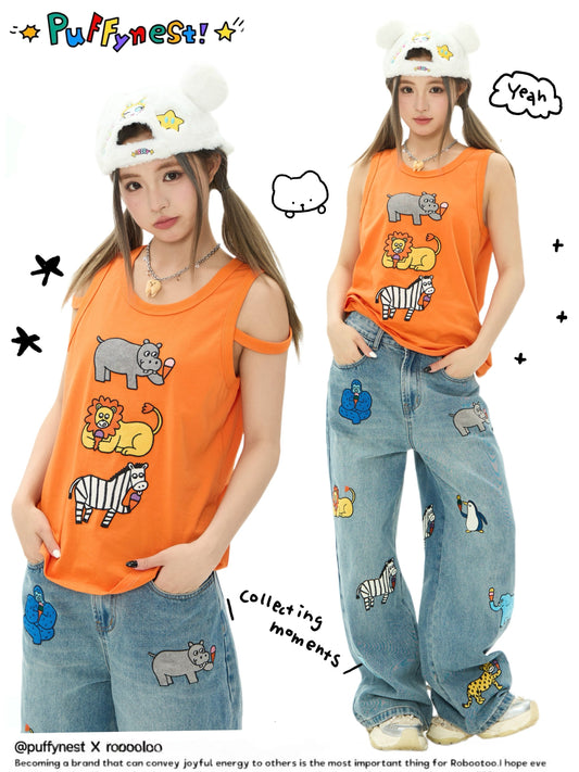 Robootoo - Orange Cartoon Embroidered Sleeveless Top tee Robootoo