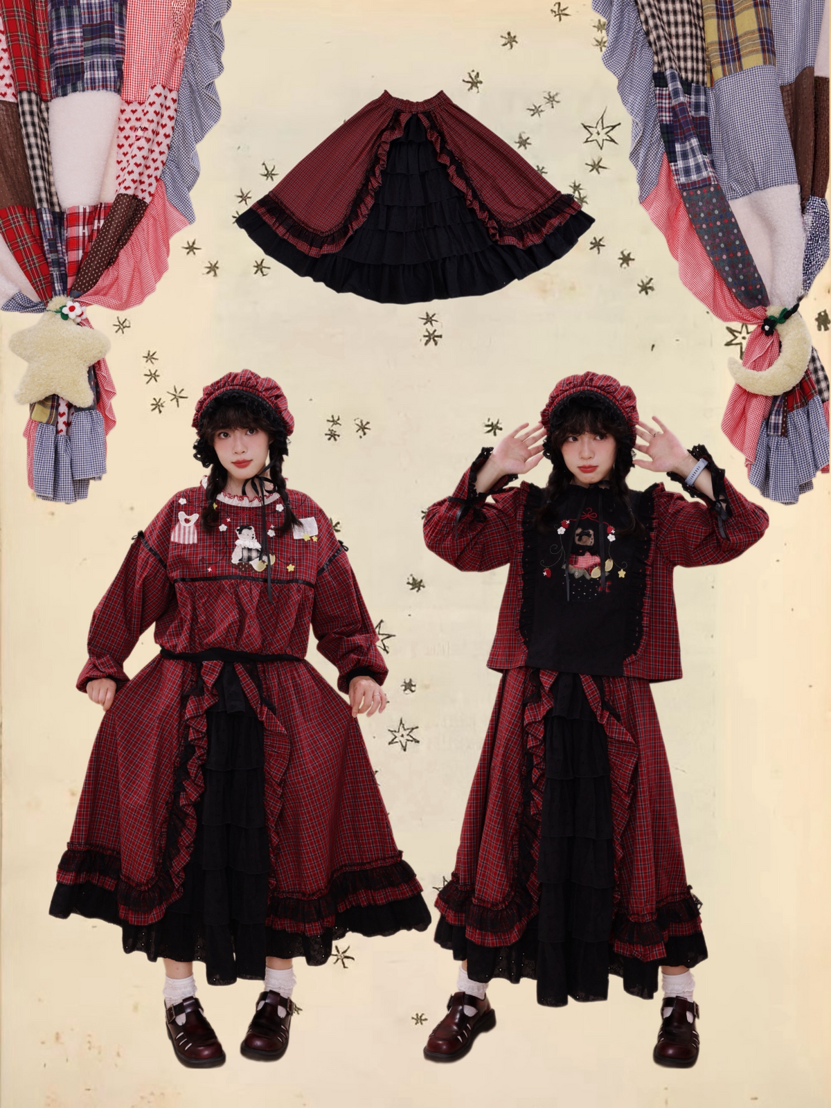 SemenCoicis - Vintage Doll Plaid Lace Tiered Skirt skirt SemenCoicis