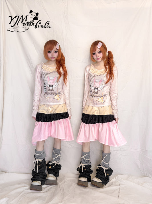 YJM with biubiu - Asymmetric Patchwork Midi Skirt skirt YJM with biubiu