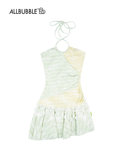 Allbubble - Yellow Green Star Halter Dress dress Allbubble