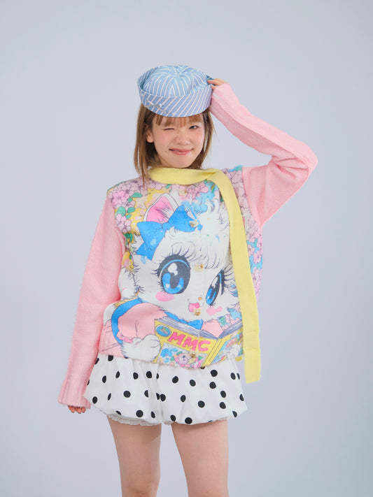 MeowMeow Bug - Kawaii Reading Cat Knit Cardigan