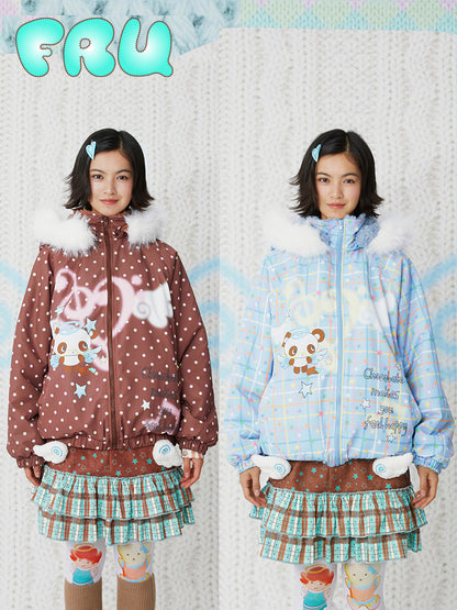 frufru - Kawaii Blue Brown Printed Hooded Jacket Warm Plush-Lined Winter Coat coat frufru