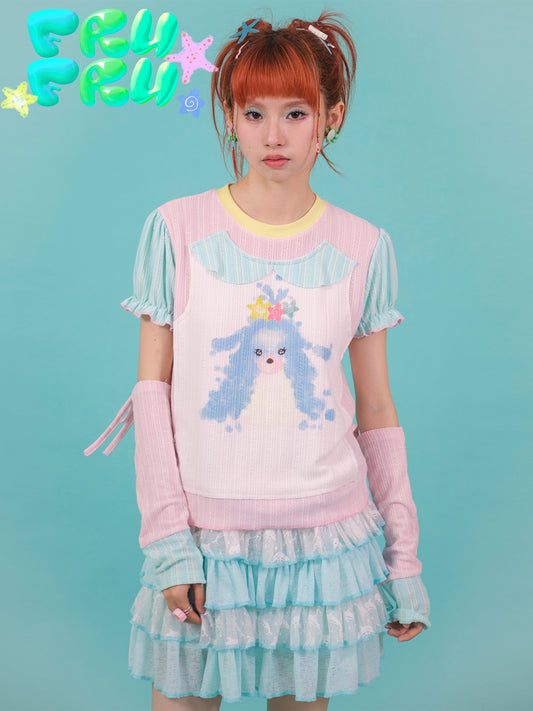 FruFru Summer Colorblock T-shirt | Dog Print Cotton T-shirt | Casual Short Sleeve Tee
