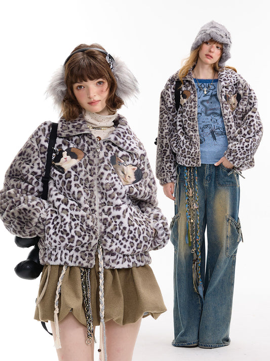 ziziFei - Girly Kei Leopard Cat Fleece Jacket coat ziziFei