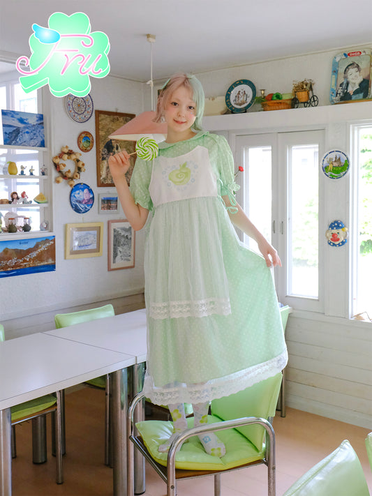 FruFru Summer Doll Collar Dress | Green Polka Dot Dress | Cotton Sleeveless Dress