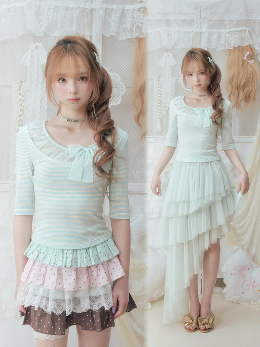 SOS SEAMSTRESS - Mint Mesh Bow Stripe Top shirt SOS SEAMSTRESS