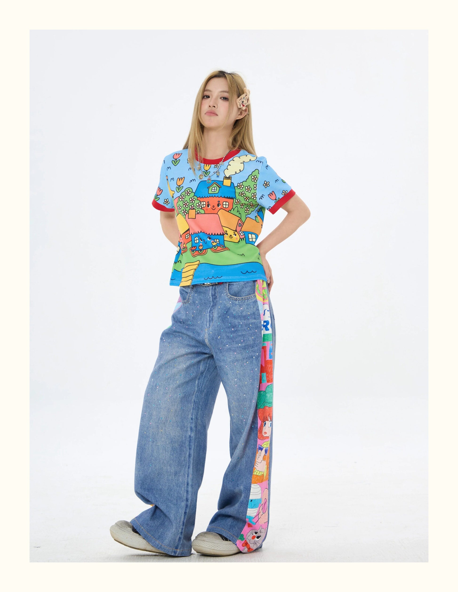 Robootoo - Blue Cartoon Town Print T-Shirt tshirt Robootoo