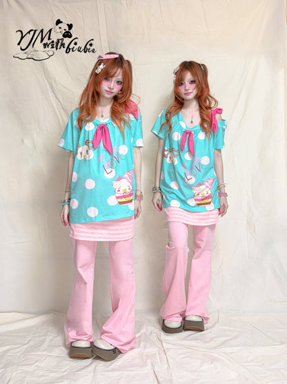 YJM with biubiu - Aqua Blue Love Dessert Top tshirt YJM with biubiu
