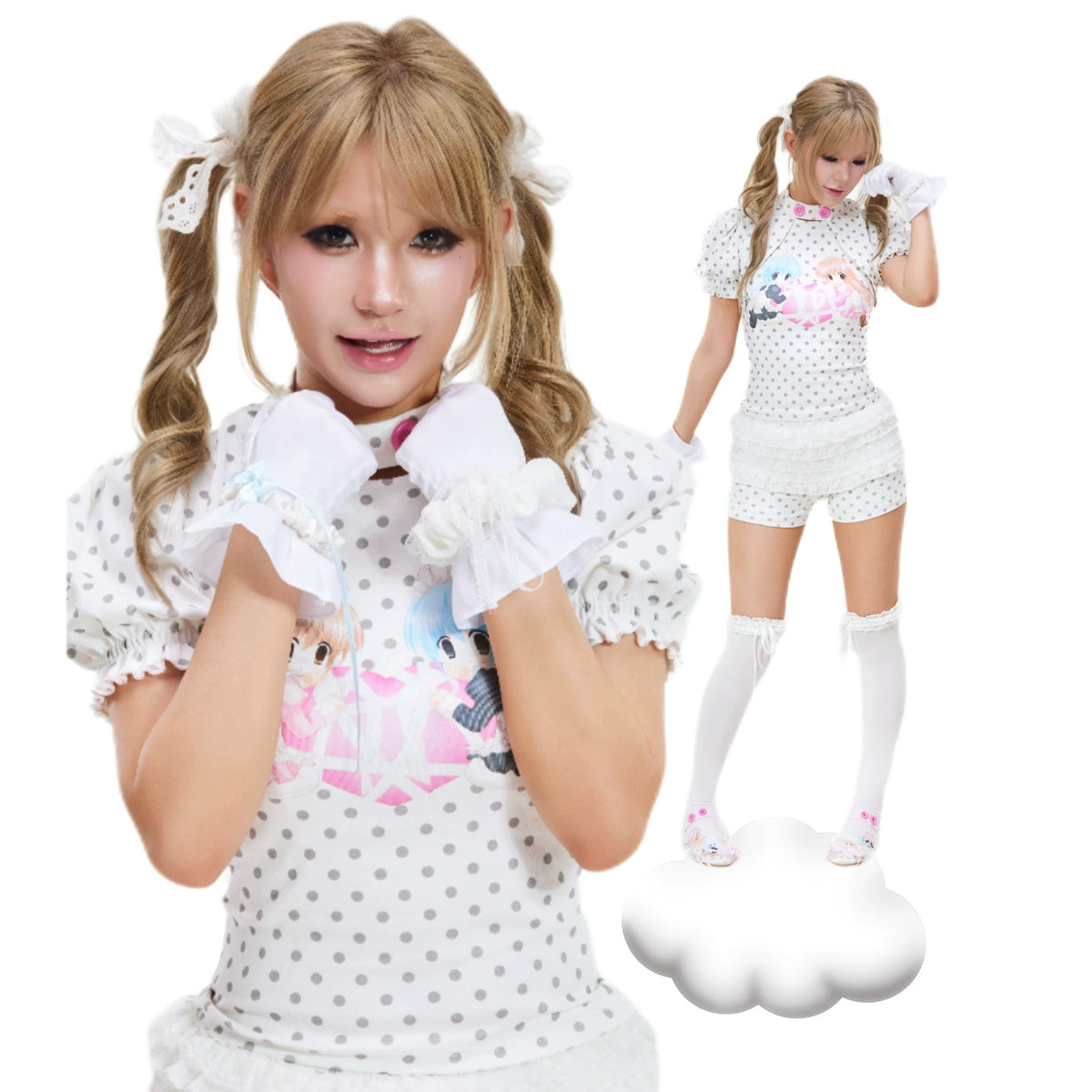 SelfishGhost - Polka Dot Faux-Layer Top & Bow Shorts Set set SelfishGhost