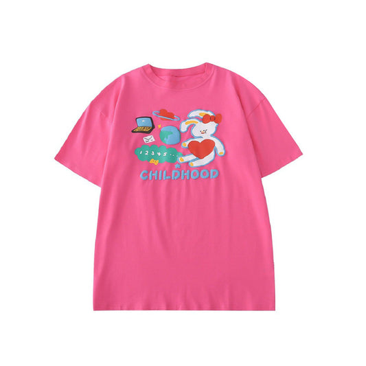 Toothshop - Whimsical Girl Heart Bunny Print Oversized T-Shirt tshirt toothshop Rose Red S