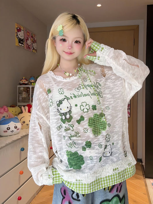 Cute Lin Kawaii Plaid Cartoon Shirt | Loose Fit Long Sleeve Overshirt shirt cute lin