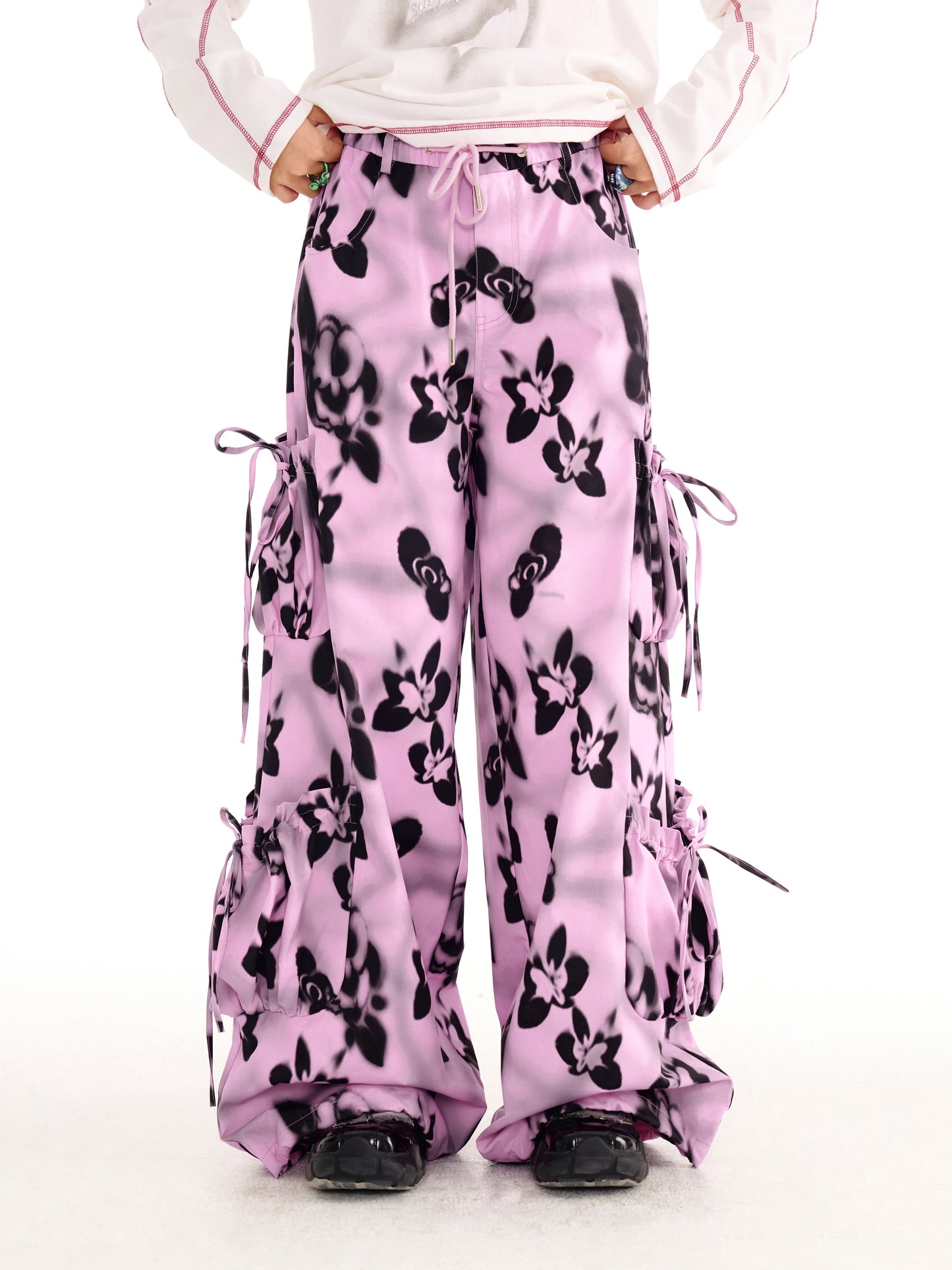 sillysis - Black Pink Floral Cargo Wide-Leg Pants pants sillysis